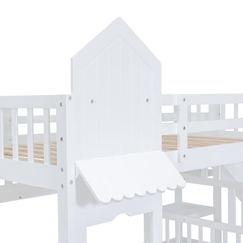Full-Over-Full Castle Style Bunk Bed with 2 Drawers and 3 Shelves, Wood Bunk Bed Frame with Slide and Storage Staircase for Kids Teens Boys Girls