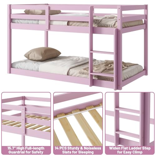 Bunk Bed Twin Over Twin, Wood Low Profile Floor Twin Bunk Beds with Ladder Guardrails for Kids Boys and Girls, No Box Spring Needed