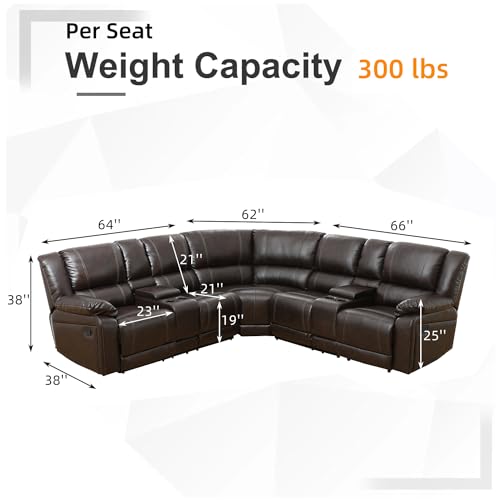 Manual Reclining Sectional Sofa with Double Recliners Leather L-Shaped Reclining Sectional Couch Recliner Sofa with Chaise,5 Seater for Living Room