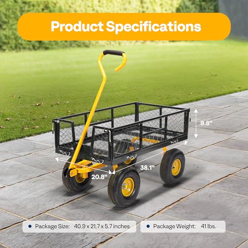VIVOHOME Heavy Duty 880 Lbs Capacity Mesh Steel Garden Cart Folding Utility Wagon with Removable Sides and 4.10/3.50-4" Wheels 10 inch Tire (Black)