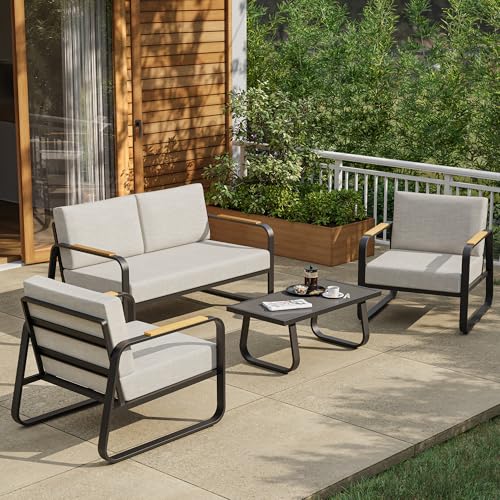 EAST OAK Courtyard Patio Furniture Set, 4-Piece Outdoor Patio Set with Sofa, Removable & Washable Deep Seating Cushion, Tempered Glass Table
