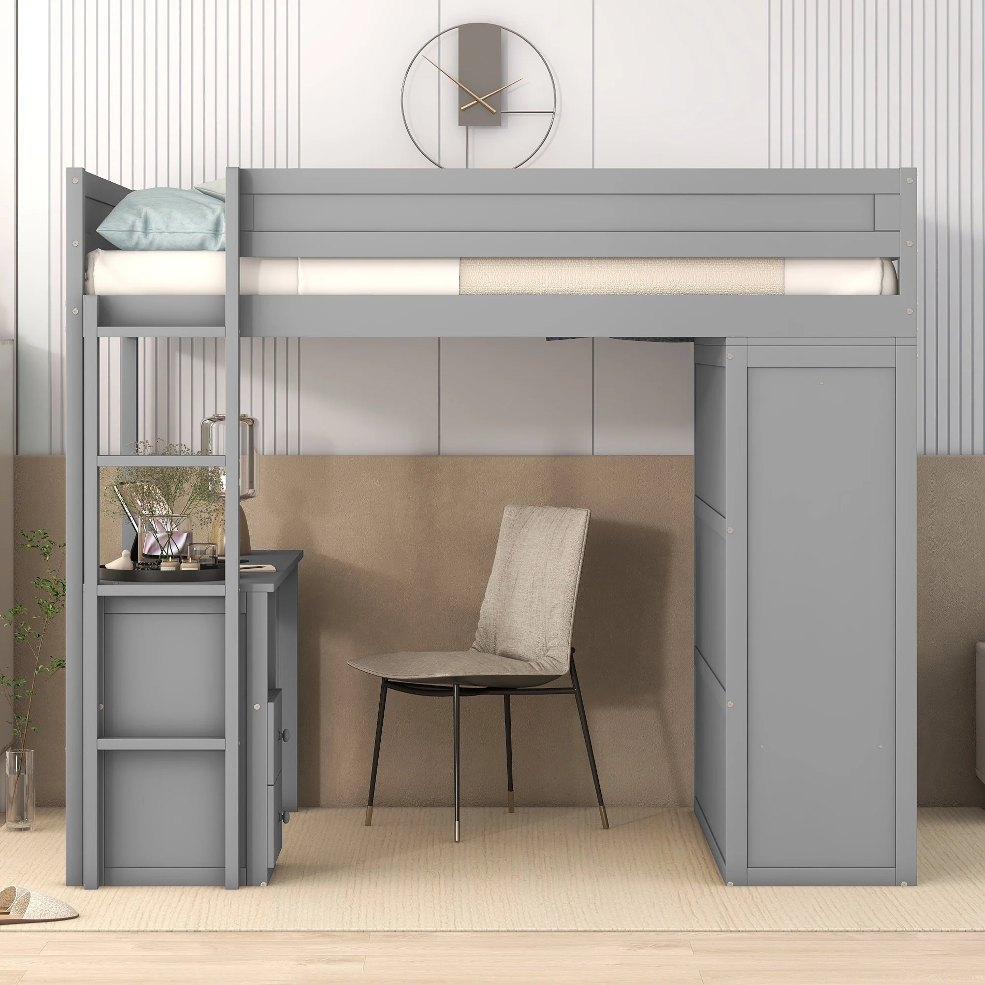 EUROCO Wood Full Size Loft Bed, Storage Desk and Drawers, Wardrobe with Clothes Hanger and Sliding Door for Living Room, Gray - Radiant Selections