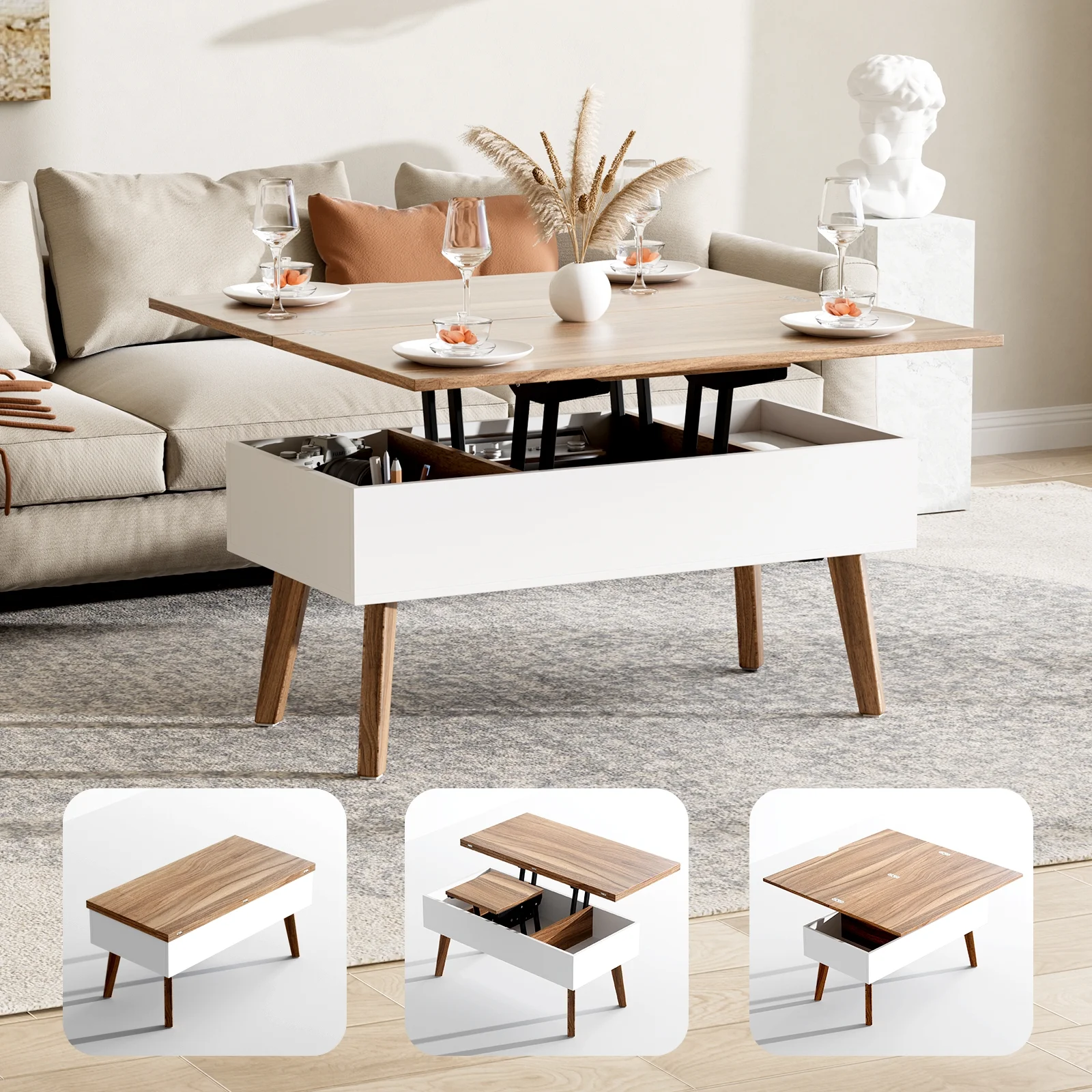 Bidiso 3 in 1 Lift Top Coffee Table, Ten Minutes Install Multifunction Coffee Table, Coffee Table Converts to Dining Table