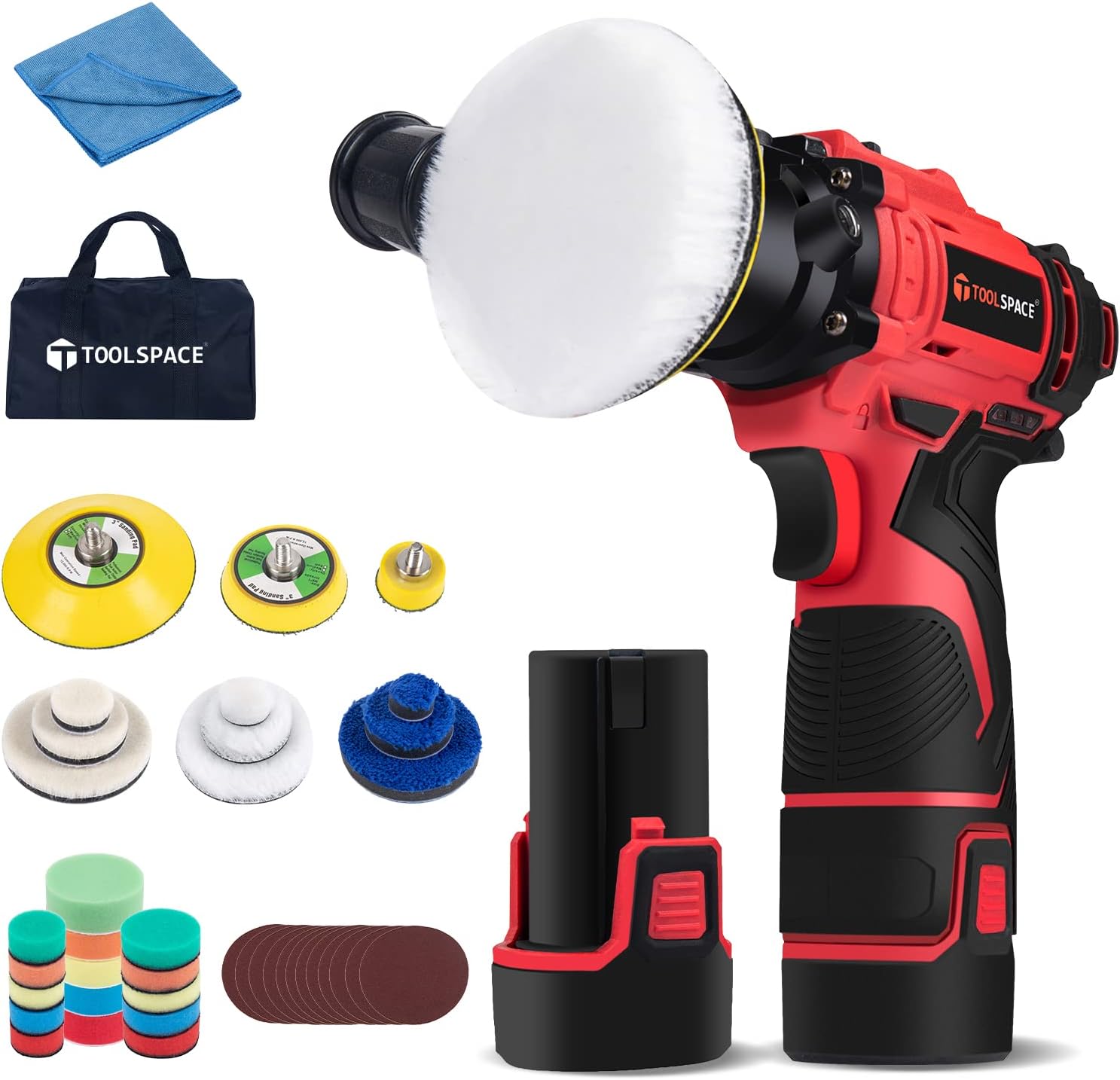 TOOLSPACE 46pcs Cordless Car Buffer Polisher Kit 12V 7800RPM with 2 x 2.0Ah Li-ion Batteries