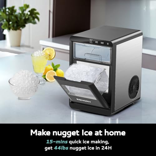EUHOMY Nugget Ice Maker Countertop, 44Lbs/24H Pebble Ice Maker Machine, Self-Cleaning Pellet Ice Machine with Ice Scoop&Basket