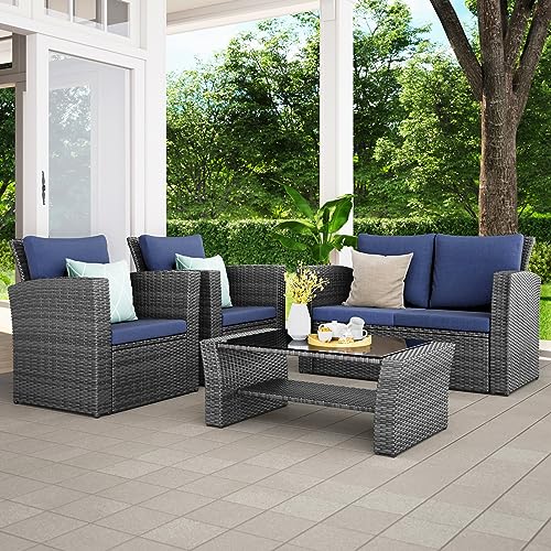 Wisteria Lane 4 Piece Outdoor Patio Furniture Sets, Wicker Conversation Set for Porch Deck, Gray Rattan Sofa Chair with Cushion