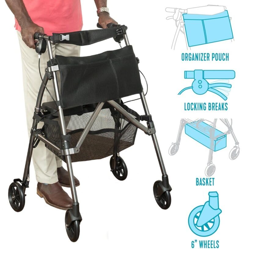 Stander Wonder Rollator Plus Short, Lightweight Junior Folding Walker for Seniors and Adults, Travel EZ Fold-N-Go Rollator