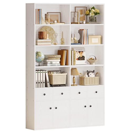 IRONCK 78.7" Bookcase with 4 Drawers and 4 Doors, 6 Tier Large Bookshelf with Storage, Floor Standing Display Storage Shelves