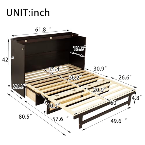 KEIKI Queen Size Cabinet Murphy Bed with Charging Station and Drawer, Multiple Storage Foldable Hideaway Wall Murphy Bed Frame with Solid Slat