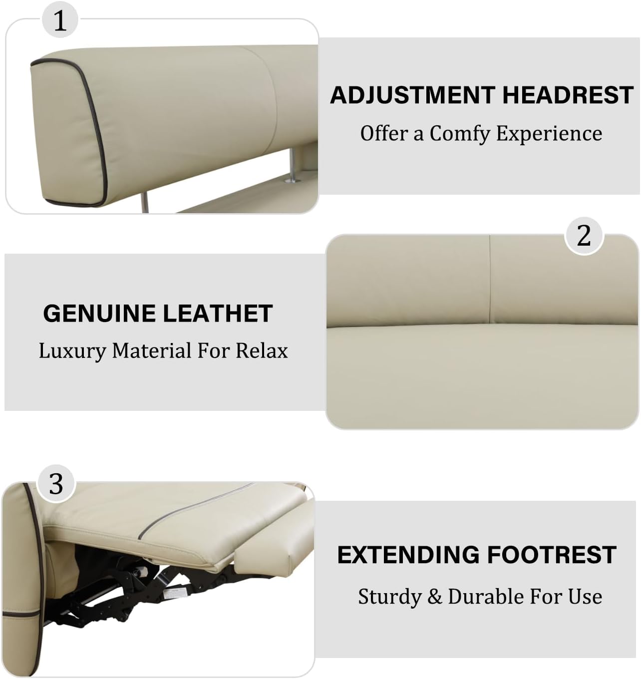 Power Reclining Sofa, Top Grain Leather Recliner Couch, 114.5" Wide Leather Sofa with USB Port for Living Room (Beige)