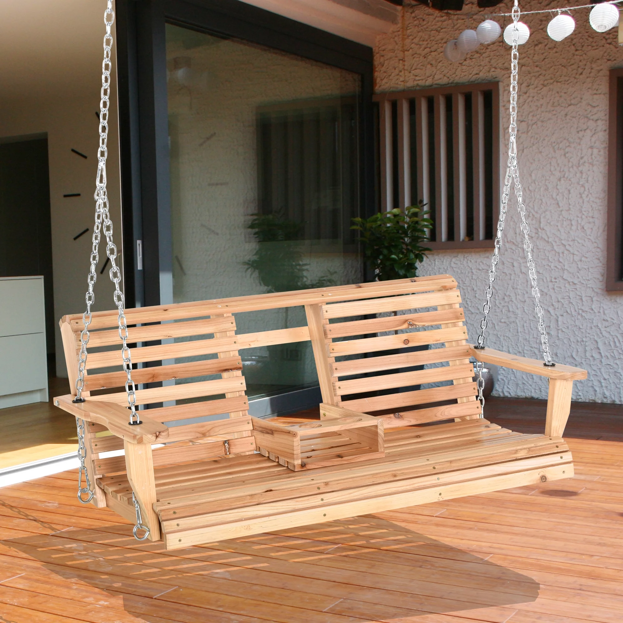 Outsunny 3-Seater Wooden Porch Swing, Patio Swing Bench with Folding Coffee Table, Cup Holders and Chains Included, 440lbs Weight Capacity, Natural