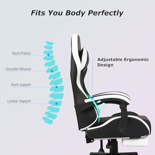 Gaming Chair, Computer Office Chair with Footrest, Linkage Armrests and Lumbar Support, High Back Ergonomic Gamer Chairs for Adults, Blue Fabric