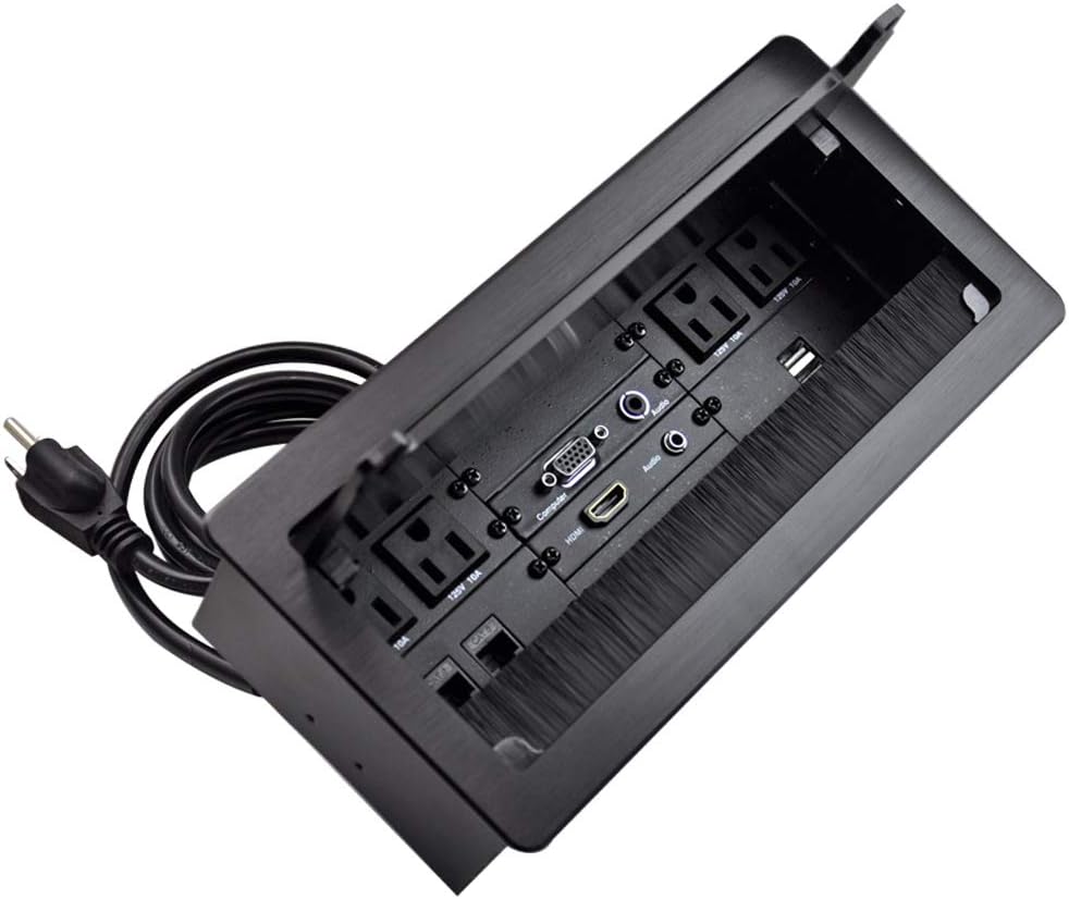 Conference Table Power Brush Connectivity Box with 4 AC Power + 2 RJ45（CAT6） + 2 Audio 3.5mm + 1 VGA + 1 HDMI + 2 USB Charger with 5.58ft Power Cord