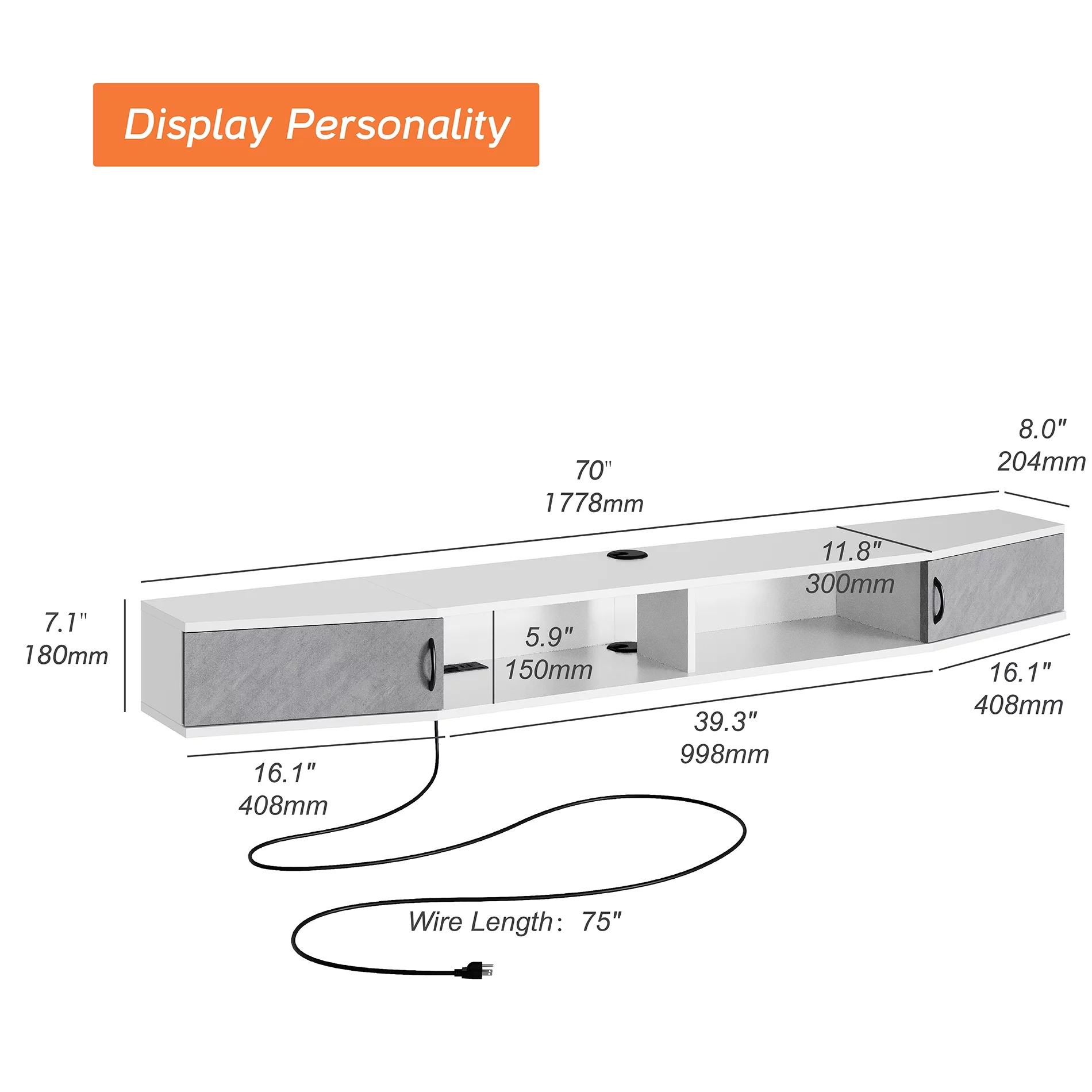 70 Inch Floating TV Stand with Storage Cabinet for TVs up to 80 inch,White