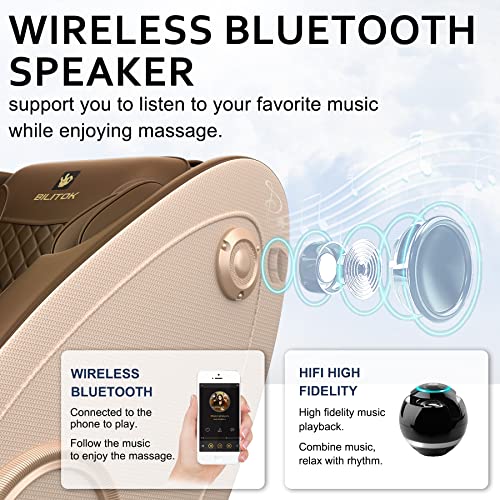 Massage Chair with Zero Gravity, Full Body Massage Chair Recliner with Airbags, Heating, Bluetooth Speaker, Foot Roller, Touch Screen, Gold