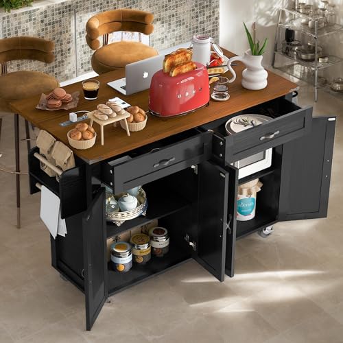 53.7" Farmhouse Kitchen Island with Drop Leaf,2 Drawers,Kitchen Storage Island with Power Outlet,Spice Rack