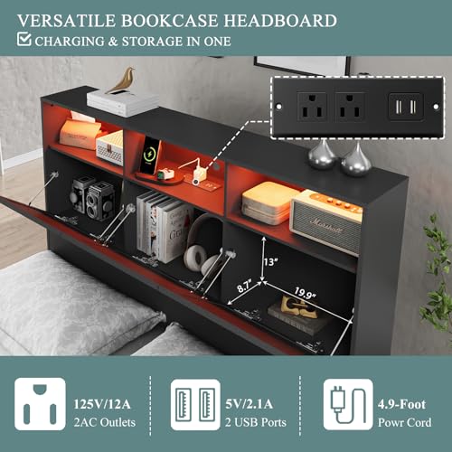 Queen Bed Frame with 47" Storage Headboard, Queen Size Wood Bed Frame with 4 Storage Drawers, Built-in Charging Station & LED, Solid Wood Slats
