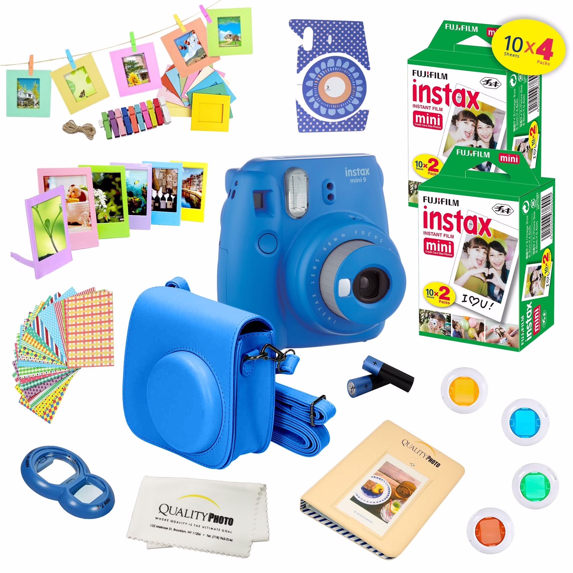 Fujifilm Instax Mini 9 Camera Cobalt Blue + 15 PC Accessory Kit for Fujifilm instax mini 9 Camera Includes: 40 Fuji Instax Films + Case + Album +
