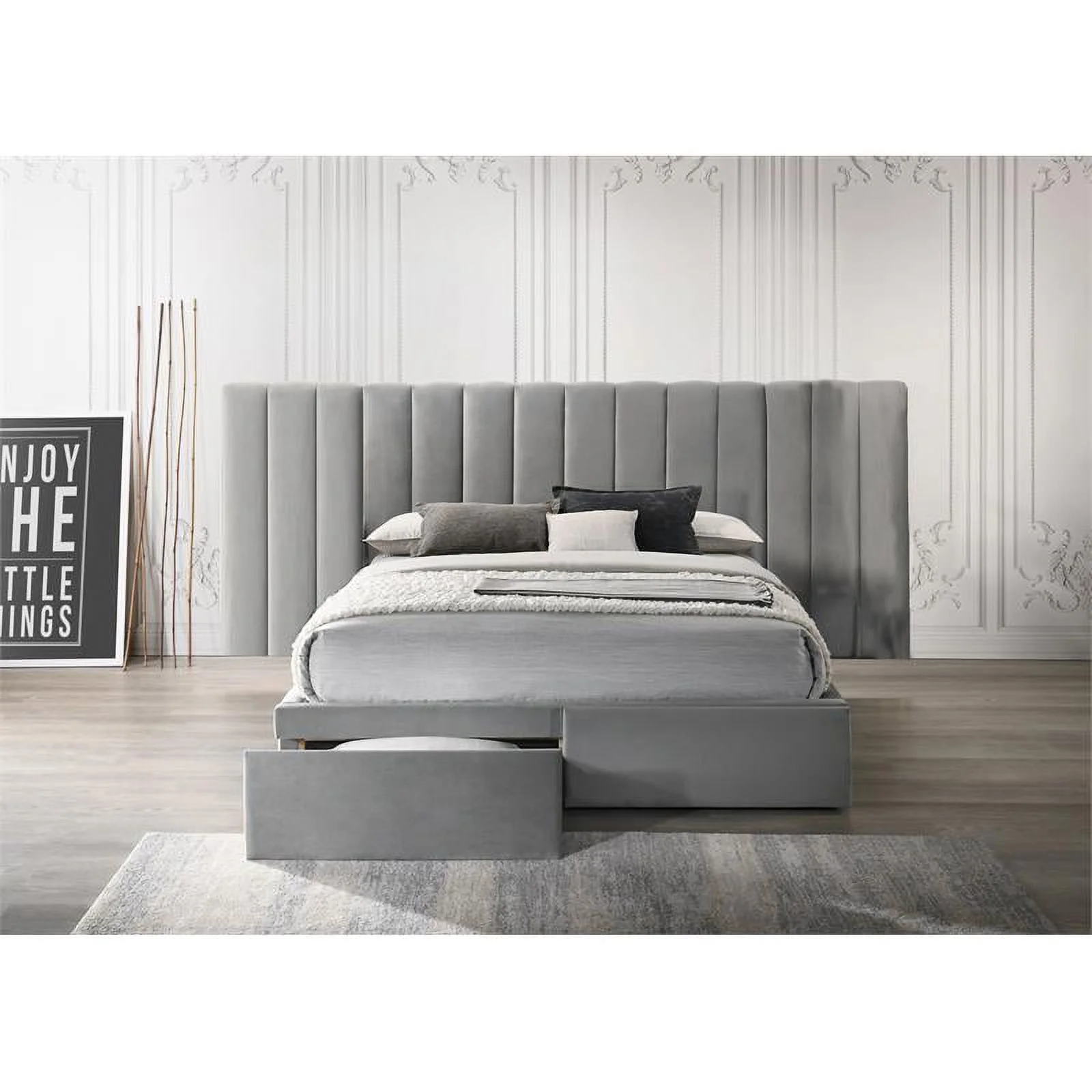 Uptown-Modern Solid Wood/Velvet Queen Headboard with Footboard in Gray