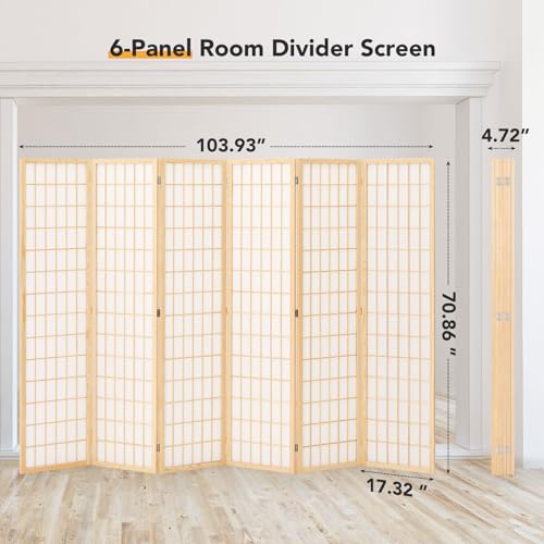 JOSTYLE Room Divider Wall Shoji Screen, 6 Panel Folding Privacy Screen for Room Separation, Japanese Wood Room Divider, 5.9 Ft, Natural