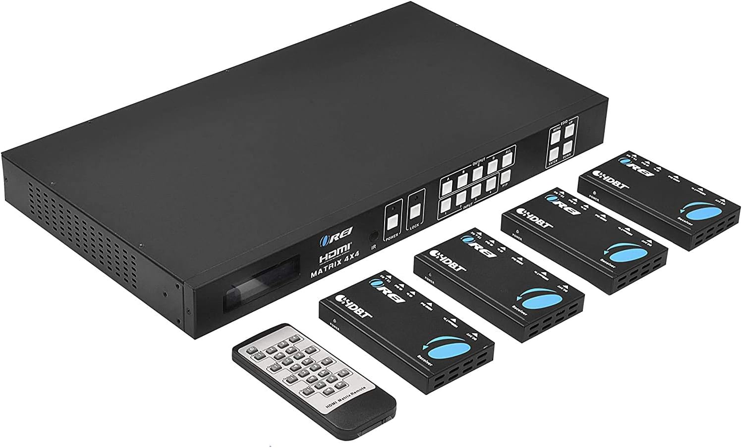 Professional 4K 4x4 HDMI Extender Matrix by OREI - HDBaseT UltraHD 4K @ 60Hz 4:2:0 Over Single CAT5e/6/7 Cable with HDR Switcher & IR Control