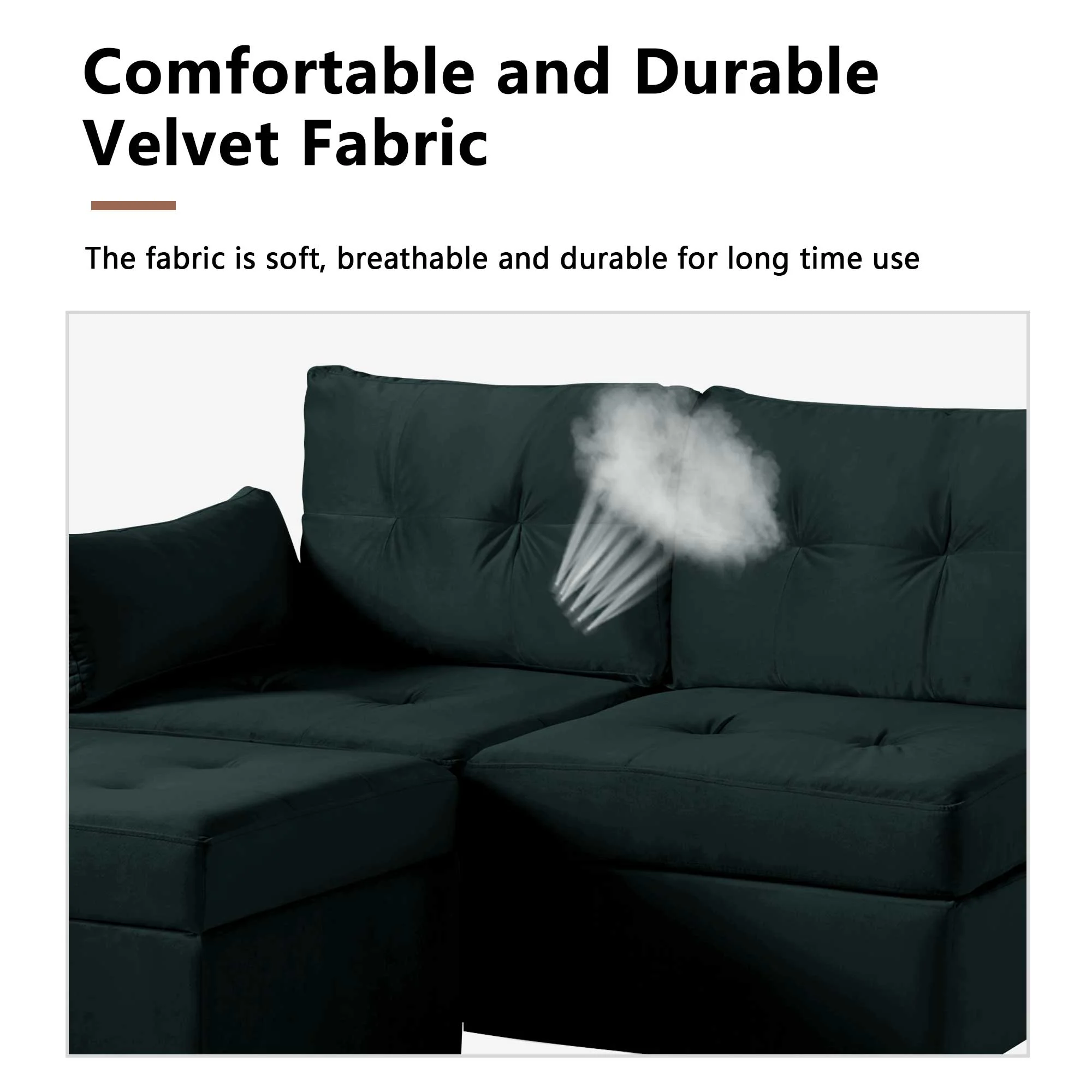 Giratree Free Combination Sectional Sofa and Couch, Velvet Fabric Modern 2-3 Seat Sofa with Storage Ottoman, Black