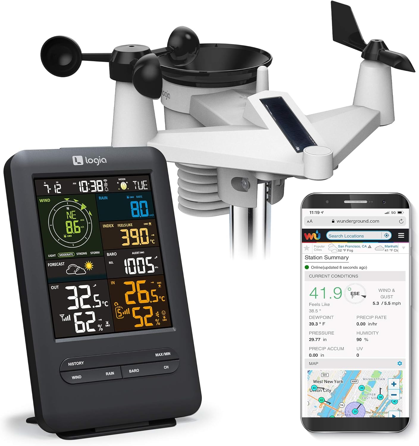 Logia 5-in-1 Wi-Fi Weather Station with Solar | Indoor/Outdoor Remote Monitoring System, Temperature Humidity Wind Speed/Direction Rain & More
