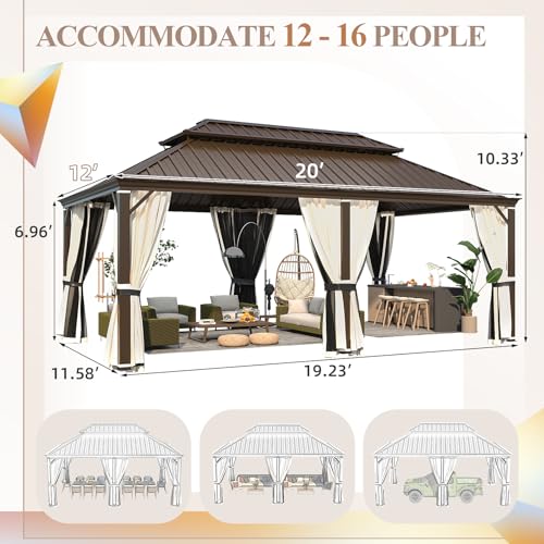 YOLENY 10' x 12' Hardtop Gazebo, Metal Gazebo with Aluminum Frame, Double Galvanized Steel Roof, Curtains and Netting Included