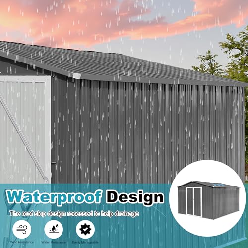 8x6 FT Outdoor Storage Shed, Metal Tool Shed with Lockable Doors, Peaked Roof & Frame Floor