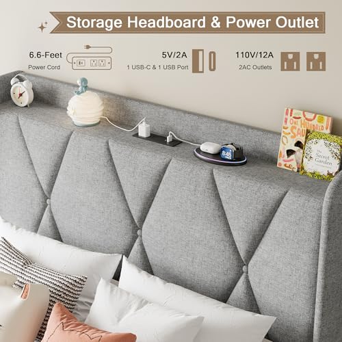 Queen Bed Frame with 4 Storage Drawers and Charging Station, Upholstered Platform Bed Frame with Storage Headboard, No Box Spring Needed