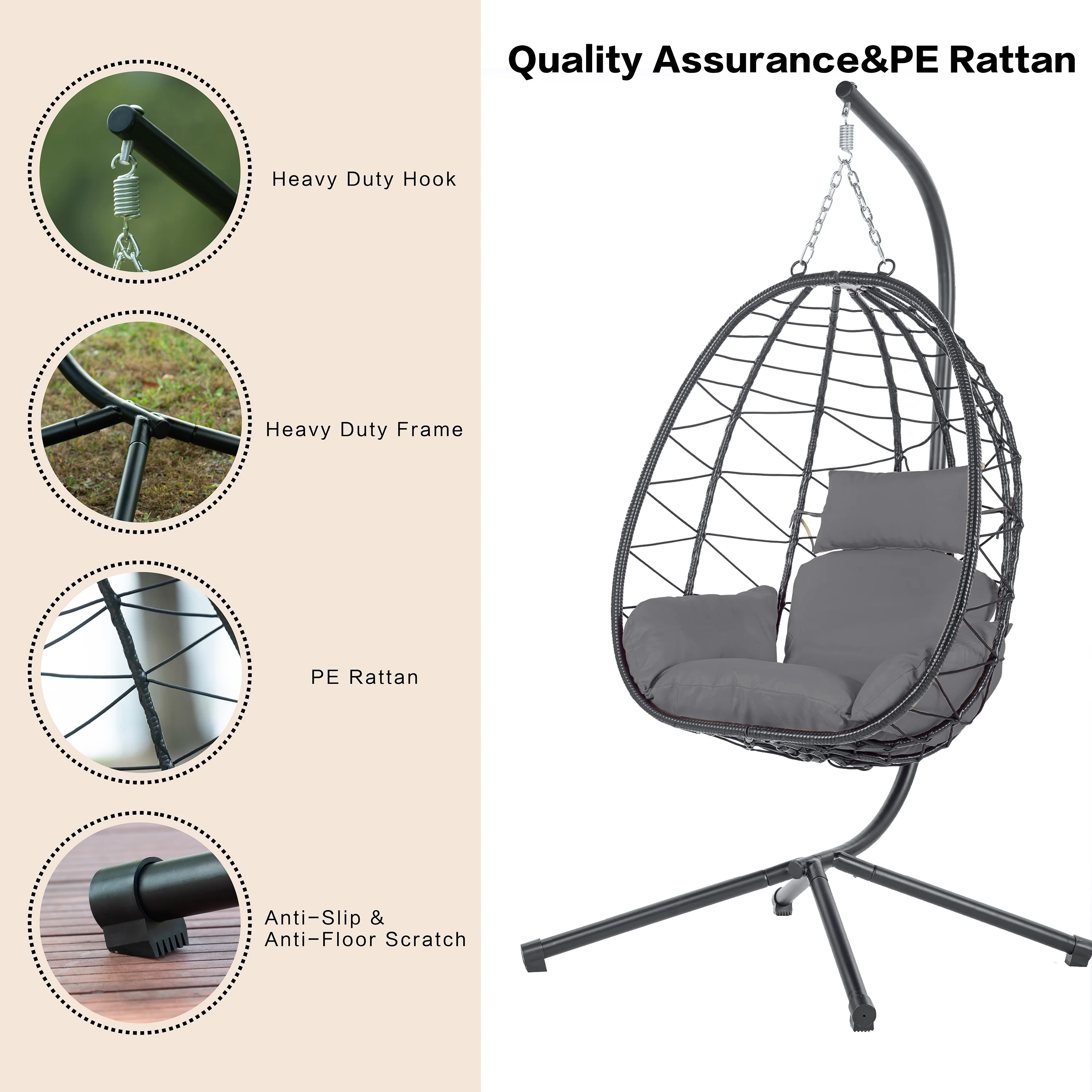 Egg Chair with Stand, Steel Frame Swing Chair Hanging Chair Max 350Lbs with Cushions & Pillow Bedroom, Outdoor, Porch, Garden, Deck, Gray
