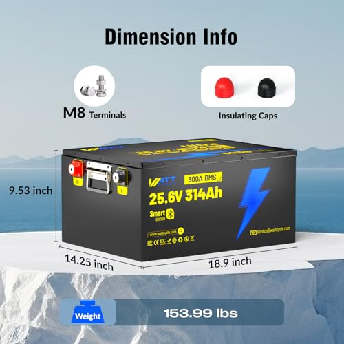 12V 314Ah Mini LiFePO4 Lithium Battery with Bluetooth 5.0, 200A BMS, 4.01kWh Energy, Upgraded Aluminum Cooling Fins & Braided Copper Wires, for RV