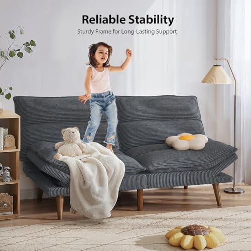 Pipishell Convertible Futon Sofa Bed,66" Corduroy Futon Couch with Adjustable Backrest and Armrests, Recliner Sleeper Sofa for Small Spaces