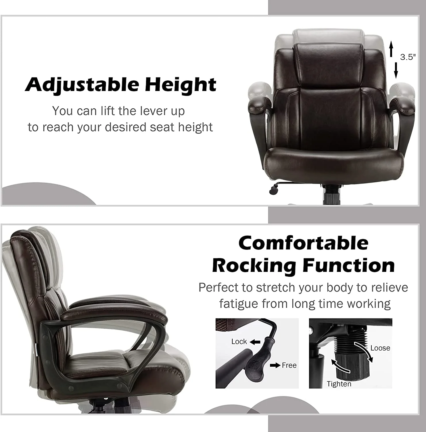 HJZBNONE Office Chair  Leather Modern Executive Chair  Ergonomic Mid Back Computer Desk Chair w/Padded Armrests  Height Adjustable Swivel Task Chair