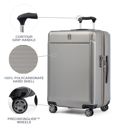 Travelpro Platinum Elite Hardside Expandable Carry on Luggage, 8 Wheel Spinner, TSA Lock, Hard Shell Polycarbonate Suitcase, Metallic Sand