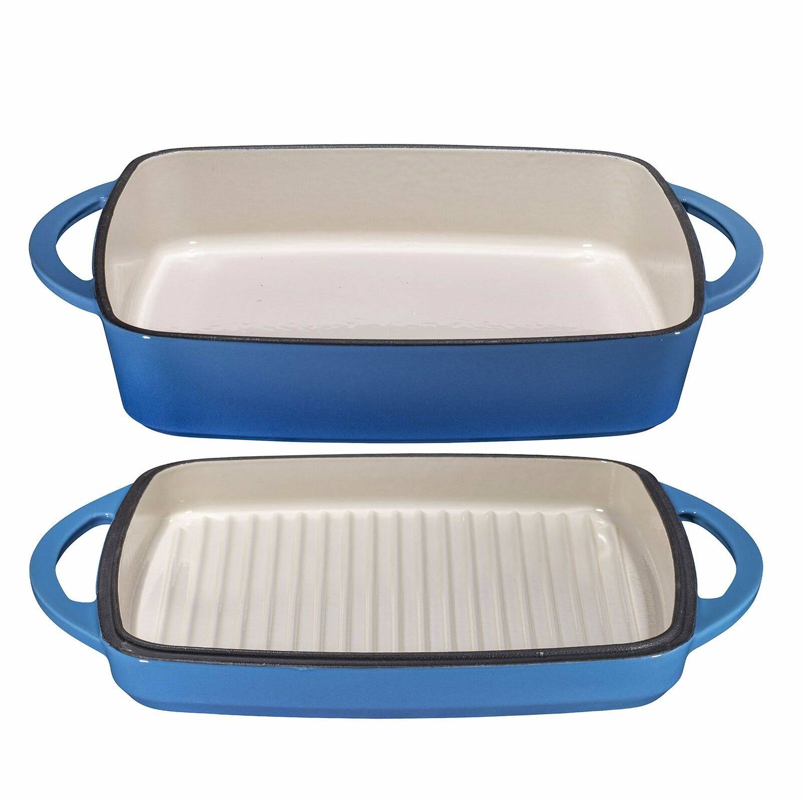 Bruntmor Enameled Cast Iron Casserole Dish Baking Pan Griddle Lid 11 inch Blue