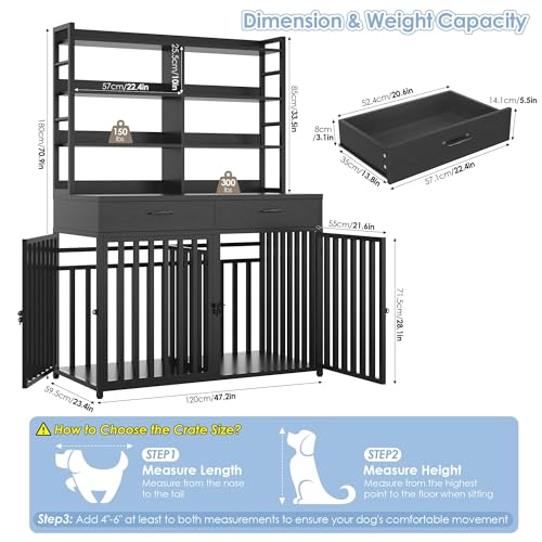 Keyluv 71''H x 47.2''W Large Dog Crate Furniture with 4-Tier Shelves and 2 Storage Drawers, Heavy Duty Dog Cage Furniture with 2 Doors