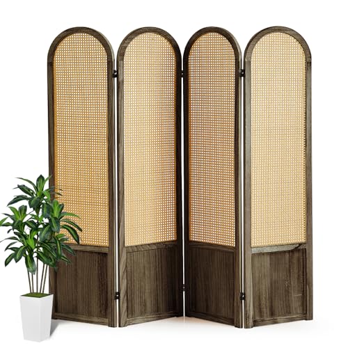 Room Divider 4 Panel, Folding Privacy Screen, Foldable Wood Divider Room Dec, Rattan Room Divider, Portable Partition Screen