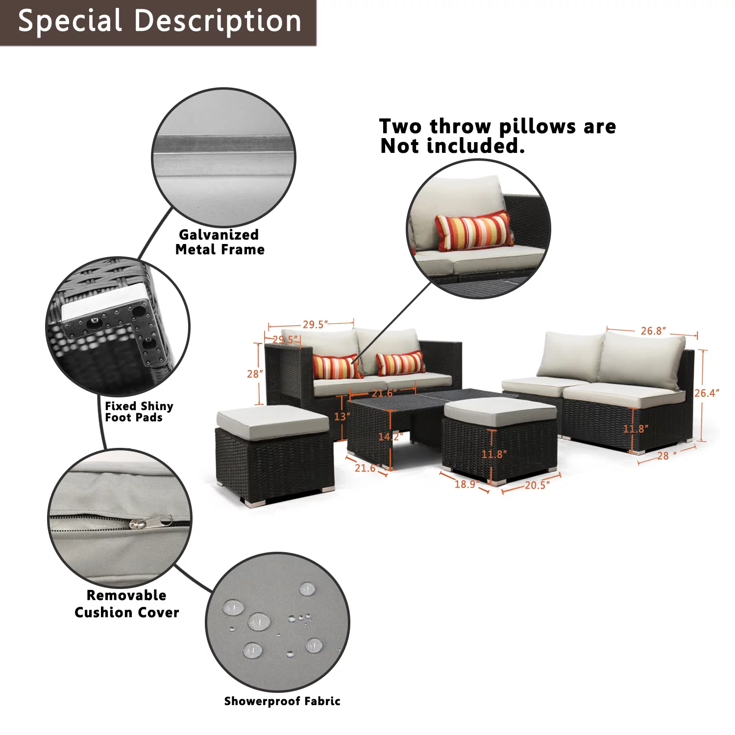 8 PCS Fully Assembled Patio Furniture Sets Outdoor Sectional Sofa Furniture Outside Couch Conversation Sets Space Saving Deep Seating with Back