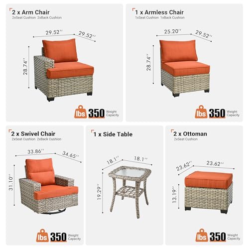 ovios 9 Piece Patio Sectional Furniture with Swivel Rocking Chairs, Rattan Wicker Coversation Set with Glowing Coffee Table