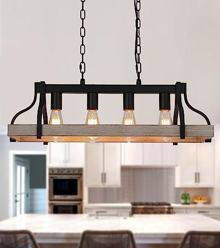 Rustic Kitchen Island Dining Room Light Fixture Farmhouse Linear Chandelier Black and Retro Wood Finish 4-Light Industrial Metal Hanging Pendant