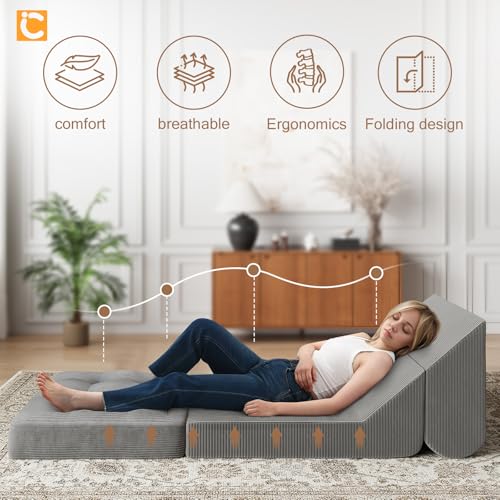 COMAX Folding Sofa Bed, Convertible Chair Bed Corduroy 3-in-1 Foldable Floor Couch with High-Density Foam, Futon Sofa Sleeper Mattress