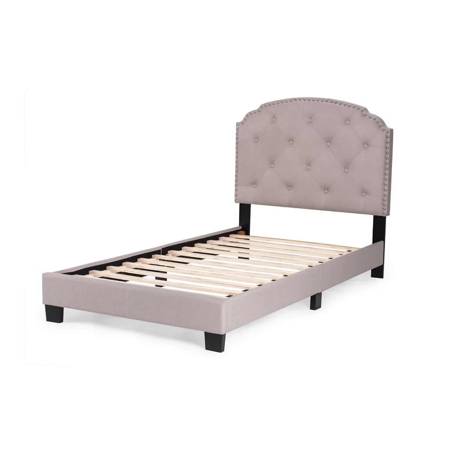 Pemberly Row Twin Burlap Fabric Upholstered Bed Frame with Slats in Light Brown