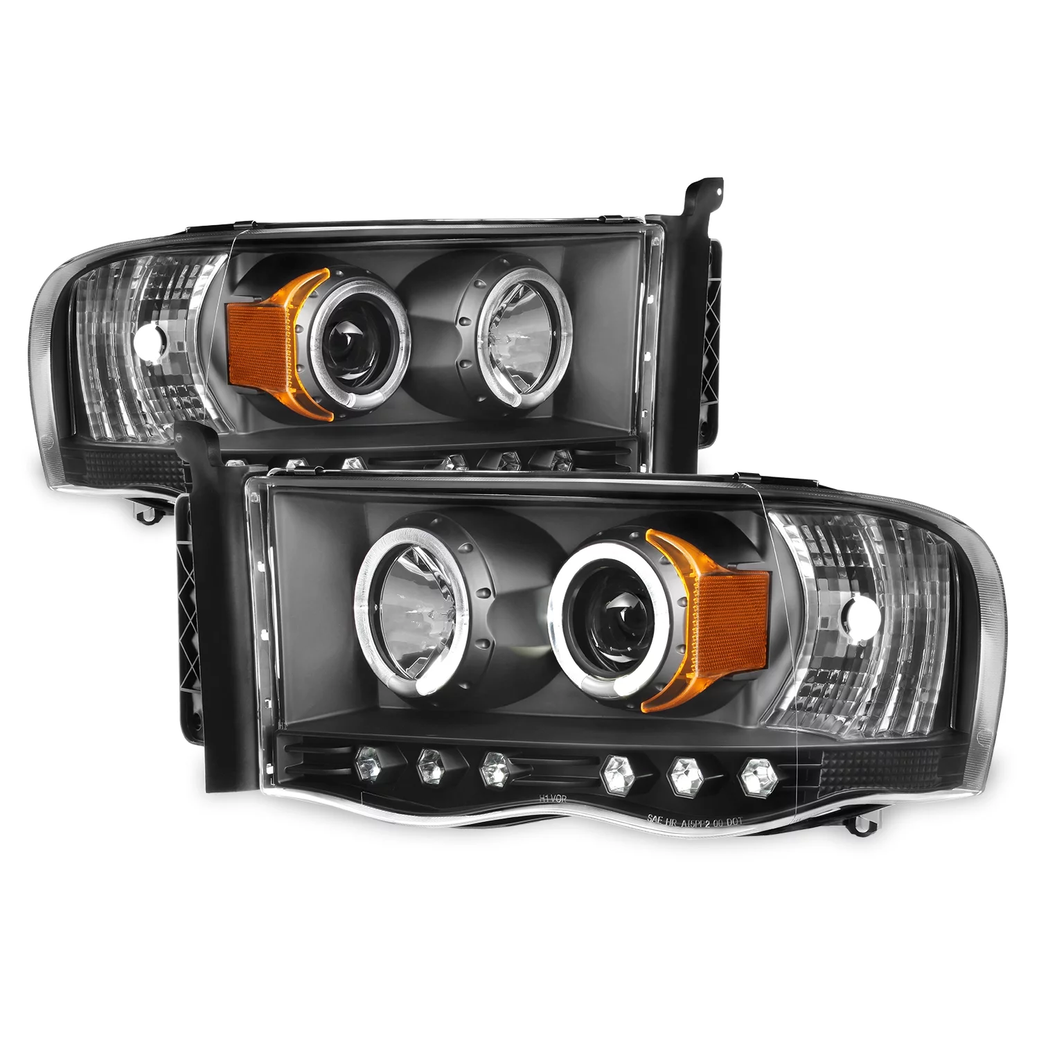 AKKON - For 2003-05 Dodge Ram + 2002 Ram 1500 Black Housing Dual Halo DRL Projector LED Headlights + Tail Lamps - Radiant Selections
