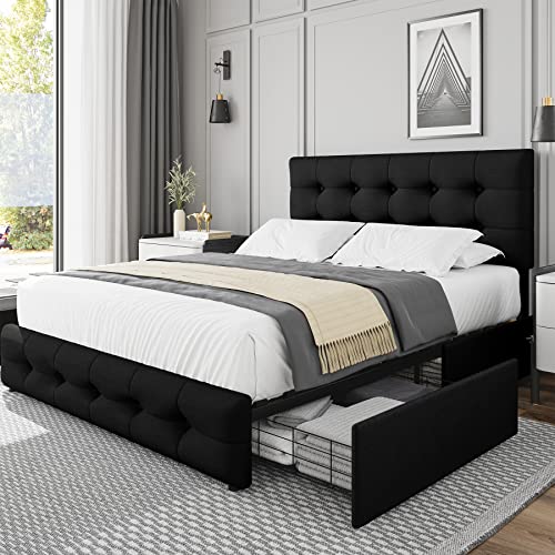 Queen Bed Frame with 4 Storage Drawers and Adjustable Headboard, Upholstered Platform Bed with Button Tufted Design, Strong Wooden Slats Support