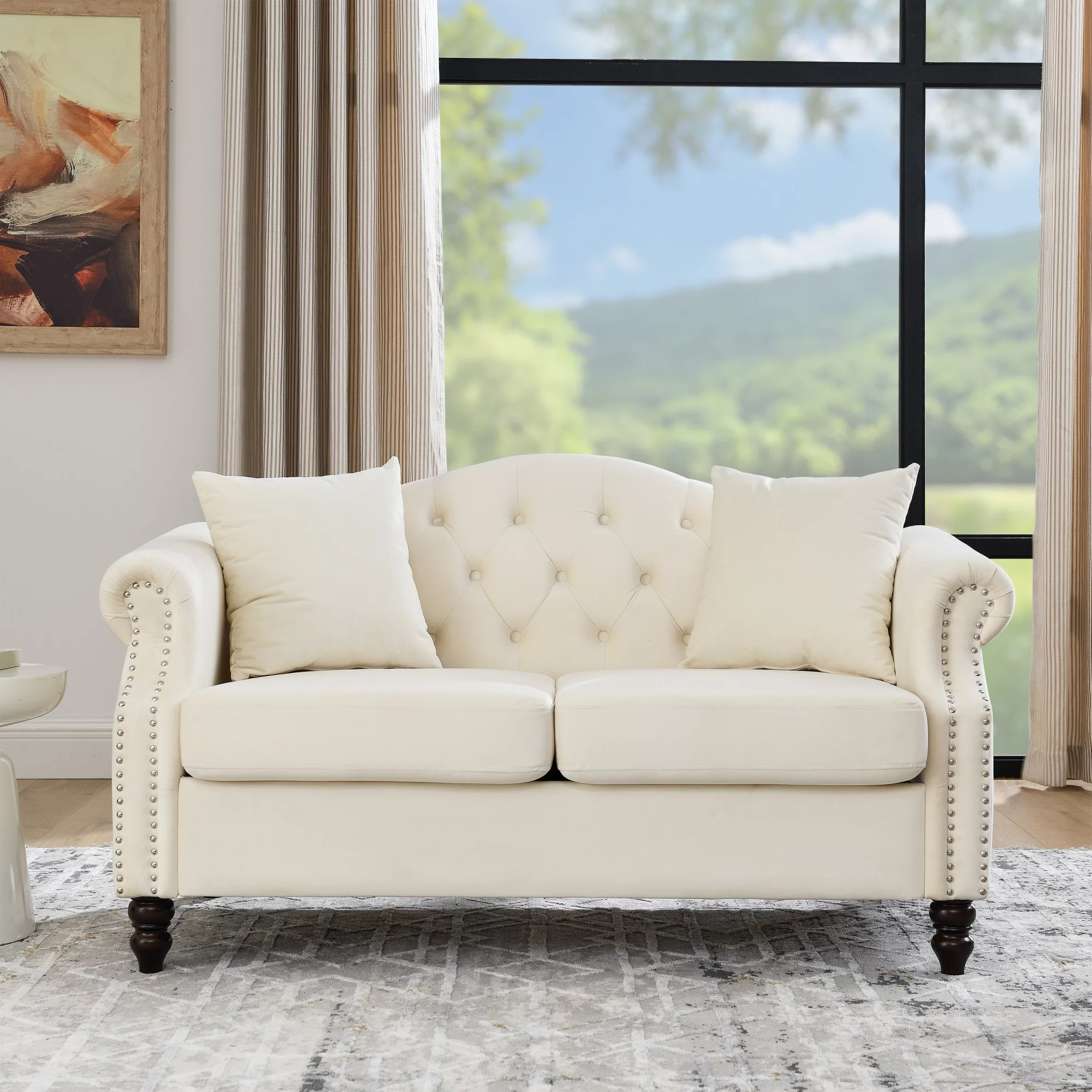 57" Chesterfield Sofa Grey Velvet for Living Room, 2 Seater Sofa Tufted Couch with Rolled Arms and Nailhead for Living Room, Bedroom, Office