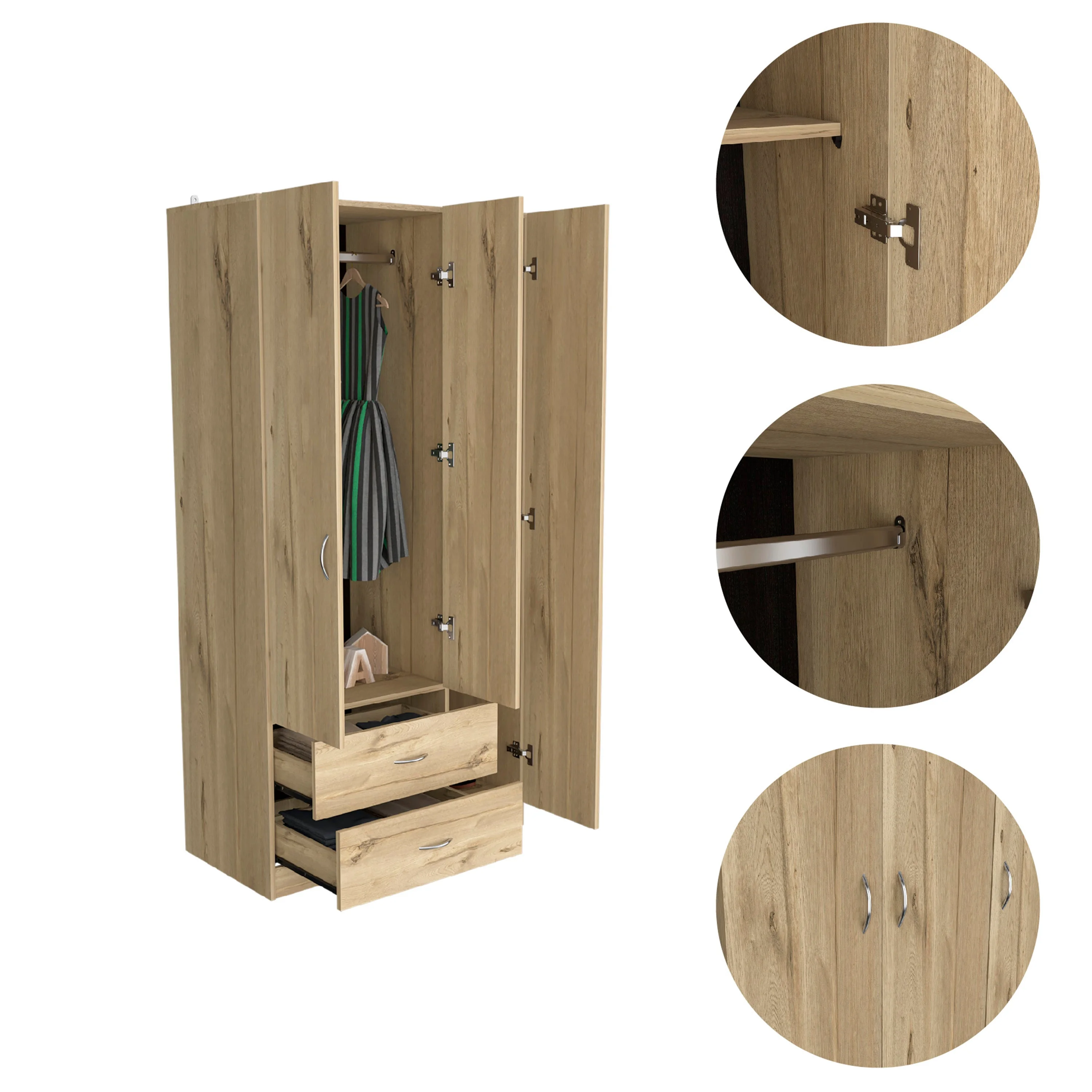 Boahaus Dortmund Modern Beige Bedroom Armoire, 3 Swing Opening Doors, Manufactured Wood