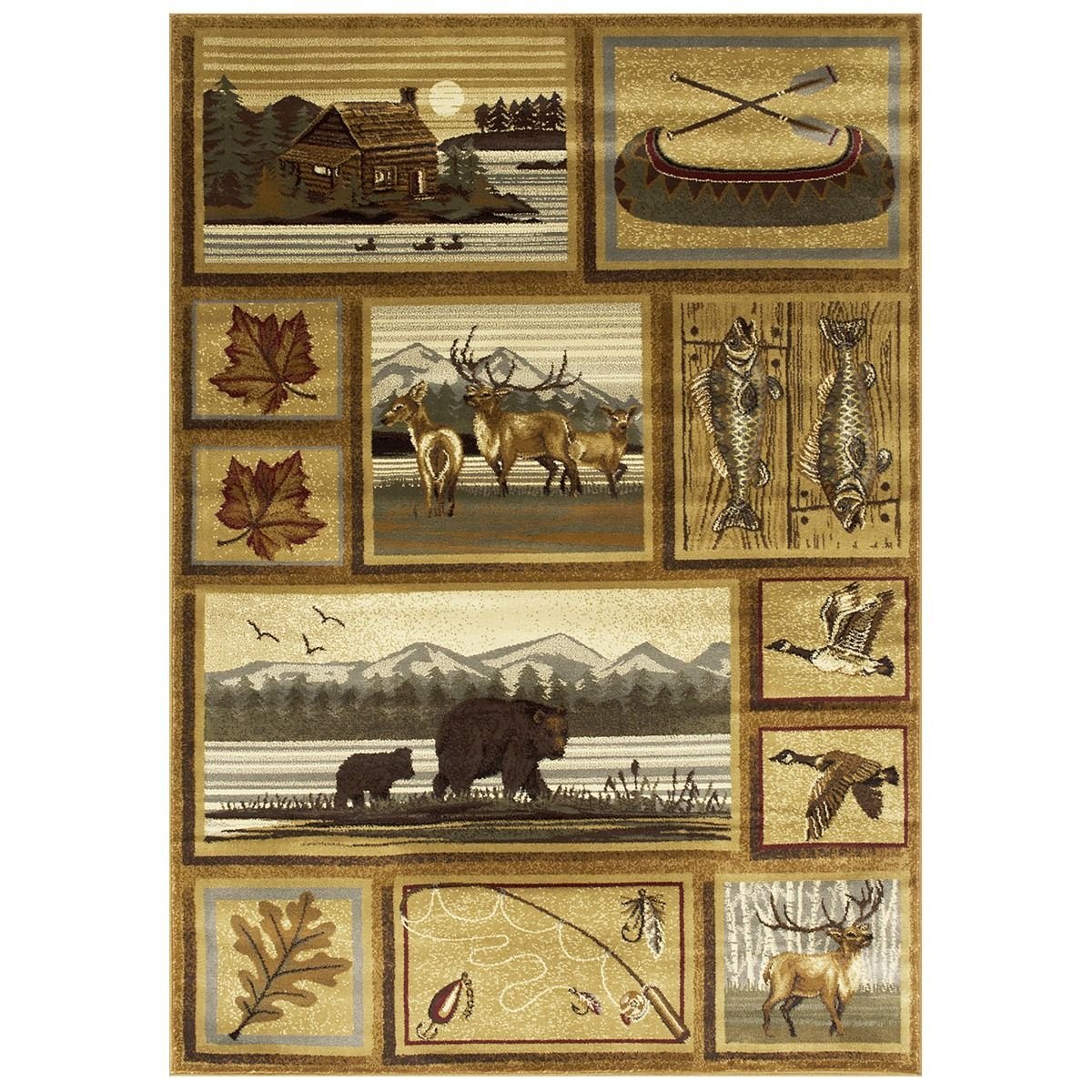 Lodge, Cabin Nature and Animals Area Rug - Modern Geometric Design Cabin Area Rug - Abstract, Multicolor Design- Deer/Fish/Bear/Cabin/Kayak