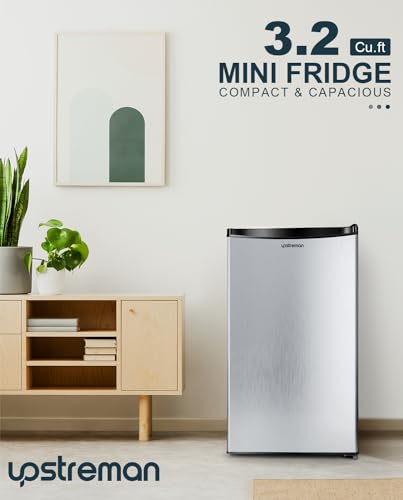 Upstreman 3.2 Cu.Ft Mini Fridge with Freezer, Single Door Mini Fridge, Dorm Fridge, Adjustable Thermostat, Mini Refrigerator for Bedroom, Office