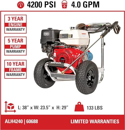 Simpson Cleaning 4200 PSI Gas Pressure Washer, 4.0 GPM Power Washer for Commercial Use, Honda GX390 Engine, 50-Foot Steel-Braided Hose